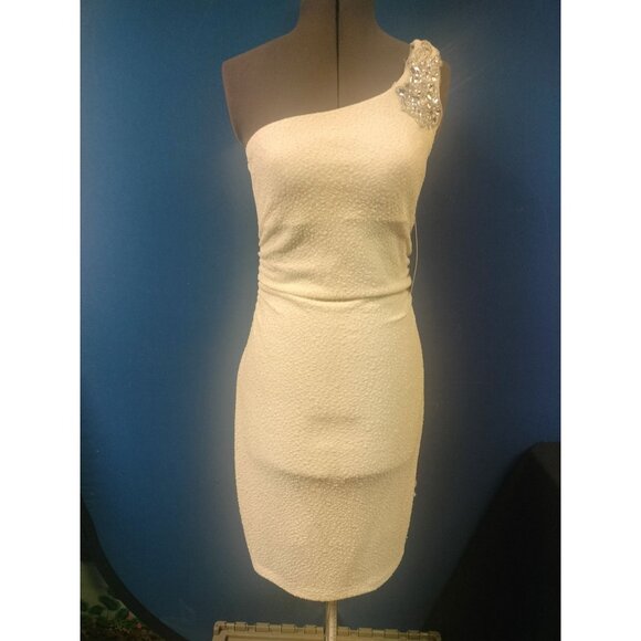 One-Shoulder Ivory Mini Dress With Beaded Detail By Emerald Sundae Size Large - Picture 1 of 8
